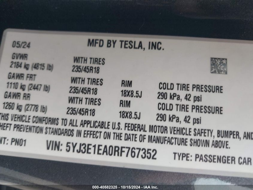 2024 TESLA MODEL 3 REAR-WHEEL DRIVE - 5YJ3E1EA0RF767352