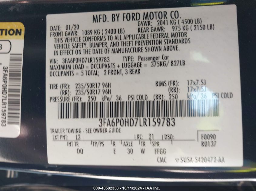 3FA6P0HD7LR159783 2020 Ford Fusion Se