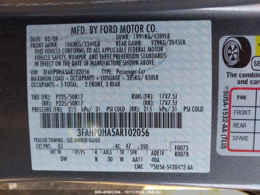 3FAHP0HA5AR102056 2010 Ford Fusion Se