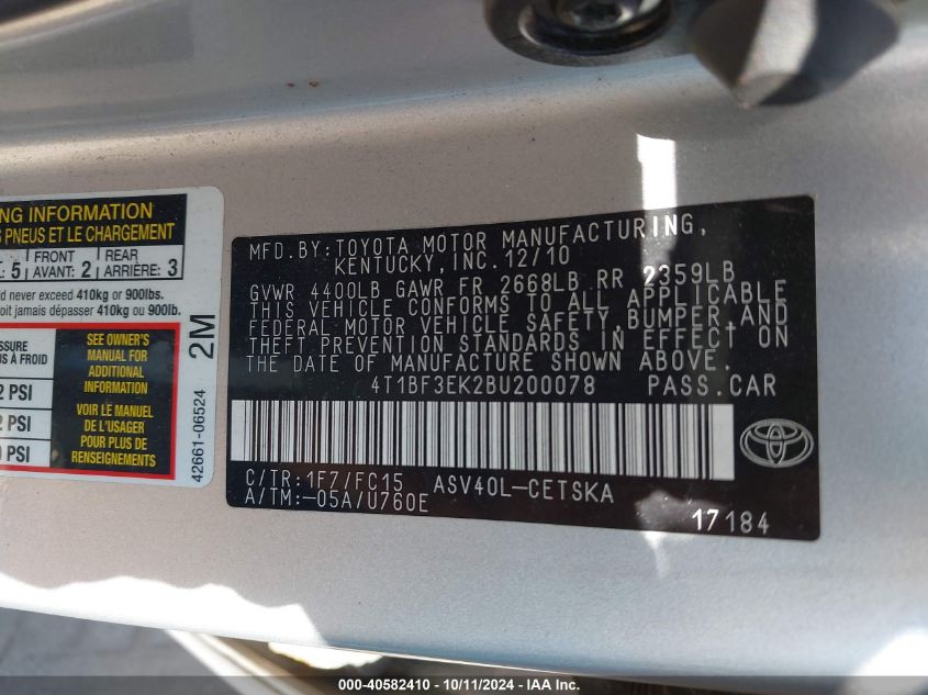 4T1BF3EK2BU200078 2011 Toyota Camry Se