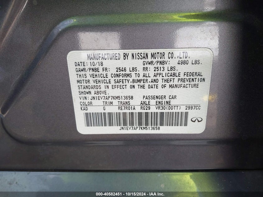 VIN JN1EV7AP7KM513658 2019 INFINITI Q50 3.0T LUXE
