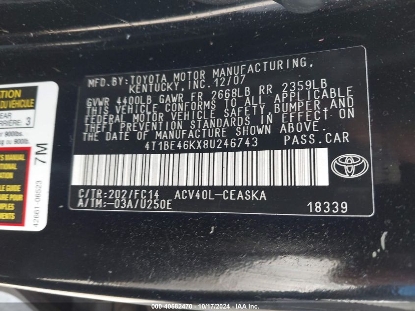 2008 Toyota Camry Se VIN: 4T1BE46KX8U246743 Lot: 40582470