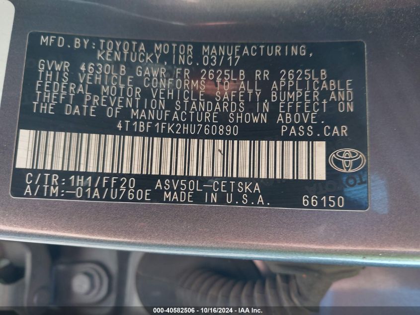 2017 TOYOTA CAMRY SE - 4T1BF1FK2HU760890