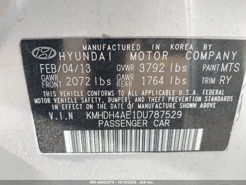 2013 Hyundai Elantra Limited VIN: KMHDH4AE1DU787529 Lot: 40582579