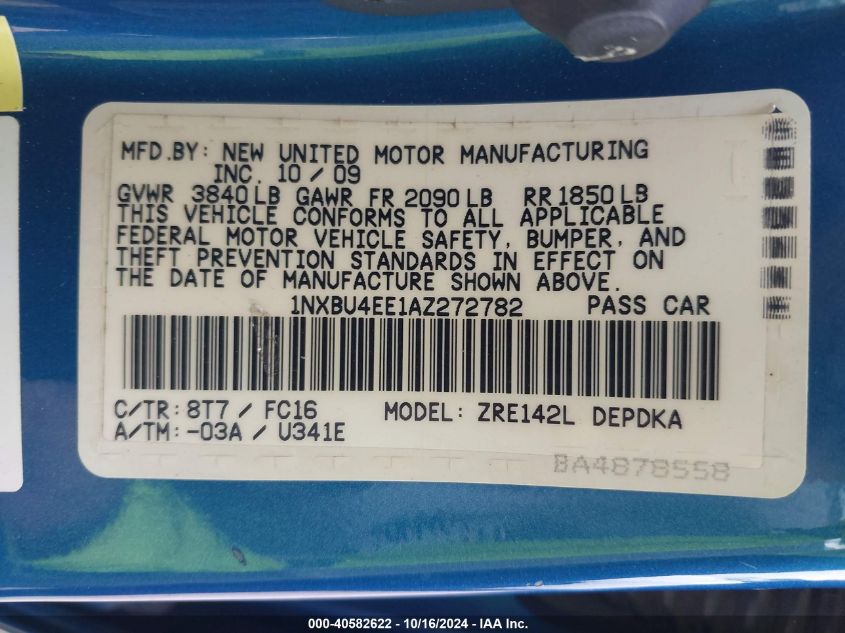 2010 Toyota Corolla Le VIN: 1NXBU4EE1AZ272782 Lot: 40582622