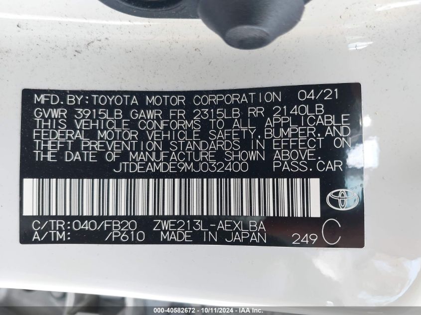 JTDEAMDE9MJ032400 2021 Toyota Corolla Le