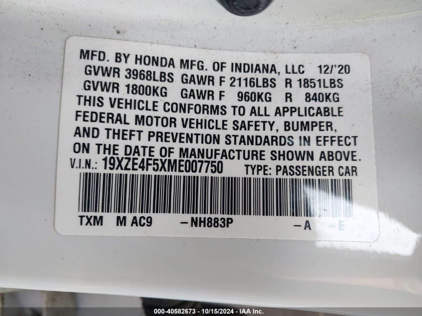 2021 Honda Insight Ex VIN: 19XZE4F5XME007750 Lot: 40582673