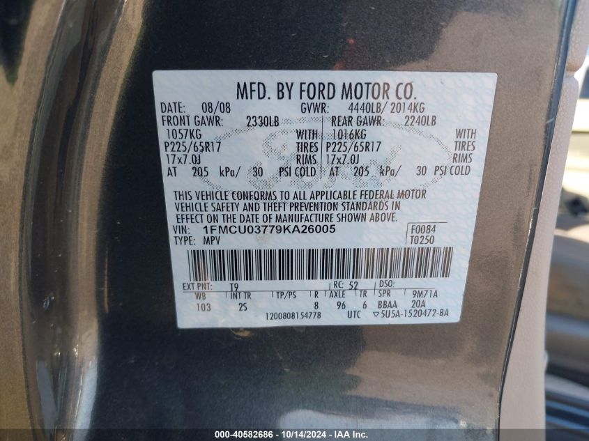 2009 Ford Escape Xlt VIN: 1FMCU03779KA26005 Lot: 40582686