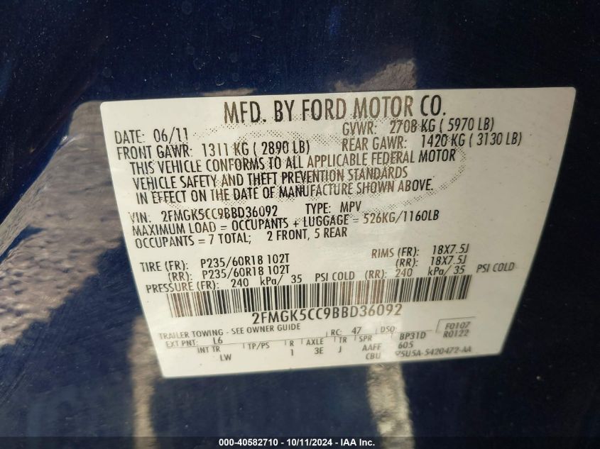 2FMGK5CC9BBD36092 2011 Ford Flex Sel