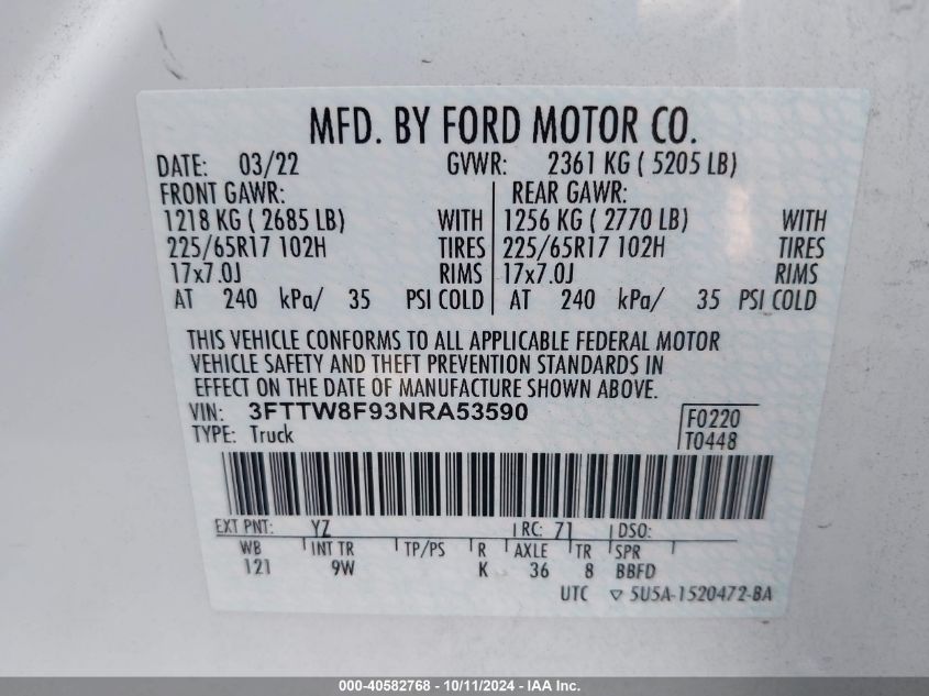 2022 Ford Maverick Xl VIN: 3FTTW8F93NRA53590 Lot: 40582768