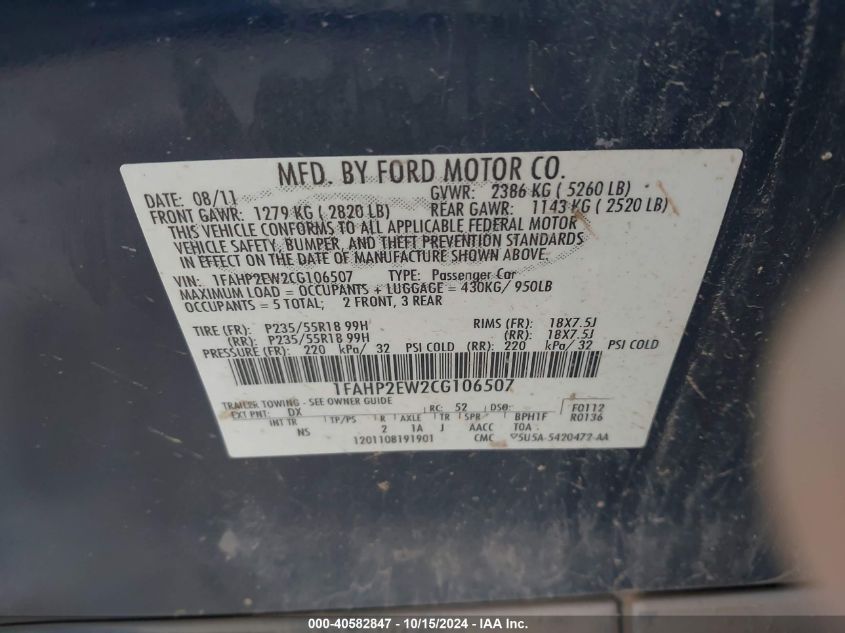 2012 Ford Taurus Sel VIN: 1FAHP2EW2CG106507 Lot: 40582847