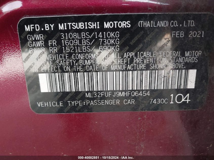 2021 Mitsubishi Mirage G4 Carbonite Edition/Es/Le VIN: ML32FUFJ9MHF06454 Lot: 40582851