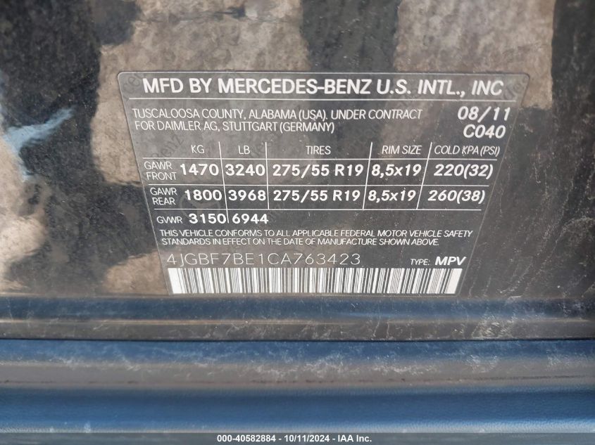 2012 Mercedes-Benz Gl 450 4Matic VIN: 4JGBF7BE1CA763423 Lot: 40582884