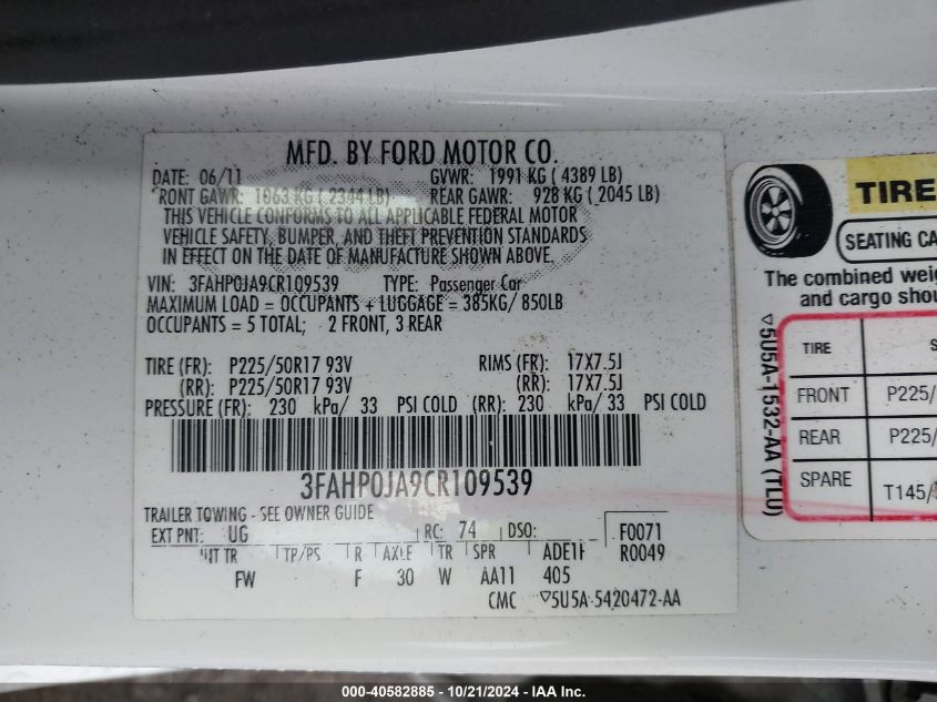 2012 Ford Fusion Sel VIN: 3FAHP0JA9CR109539 Lot: 40582885