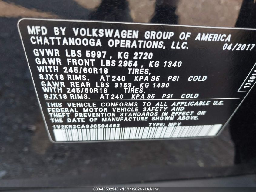 1V2KR2CA9JC504463 2018 Volkswagen Atlas Se