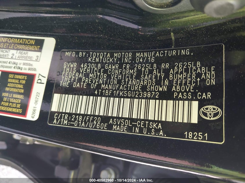 2016 TOYOTA CAMRY VIN: 4T1BF1FK5GU239872
