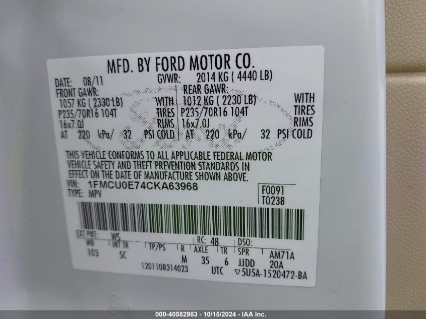 2012 Ford Escape Limited VIN: 1FMCU0E74CKA63968 Lot: 40582983