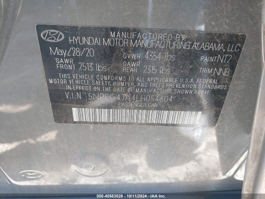 2020 Hyundai Sonata Se VIN: 5NPEG4JA4LH054604 Lot: 40583028