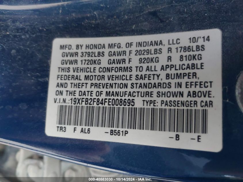 2015 Honda Civic Ex VIN: 19XFB2F84FE008695 Lot: 40583030