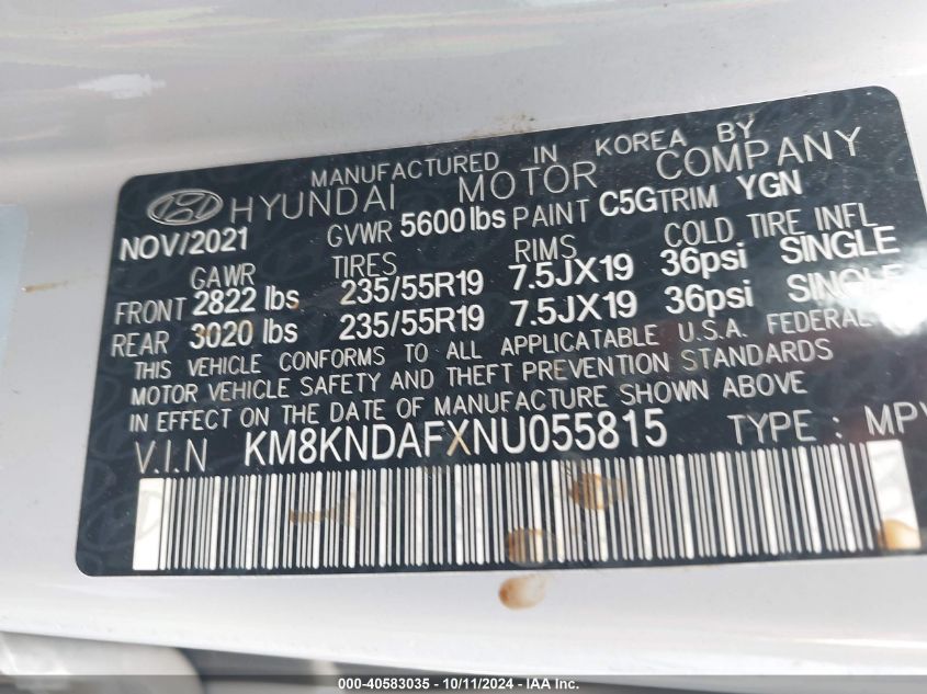 2022 Hyundai Ioniq 5 Sel VIN: KM8KNDAFXNU055815 Lot: 40583035