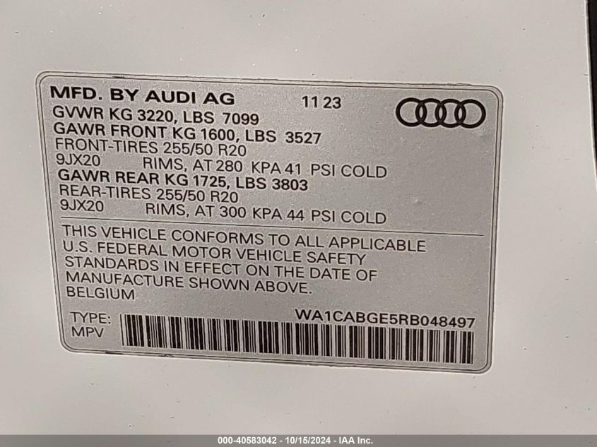 2024 Audi Q8 E-Tron S Line Premium Plus Quattro VIN: WA1CABGE5RB048497 Lot: 40583042