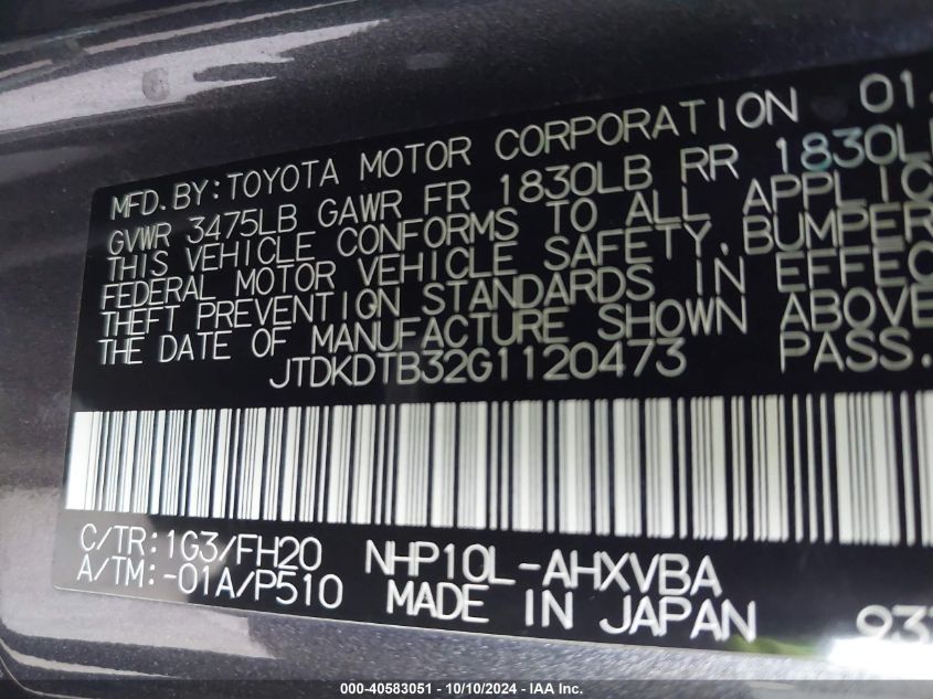 JTDKDTB32G1120473 2016 Toyota Prius C One