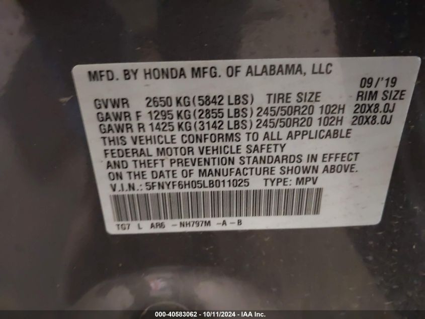 5FNYF6H05LB011025 2020 Honda Pilot Elite