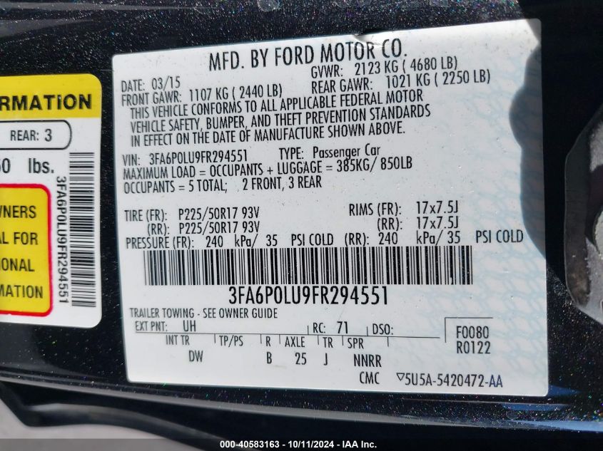 3FA6P0LU9FR294551 2015 Ford Fusion Hybrid Se