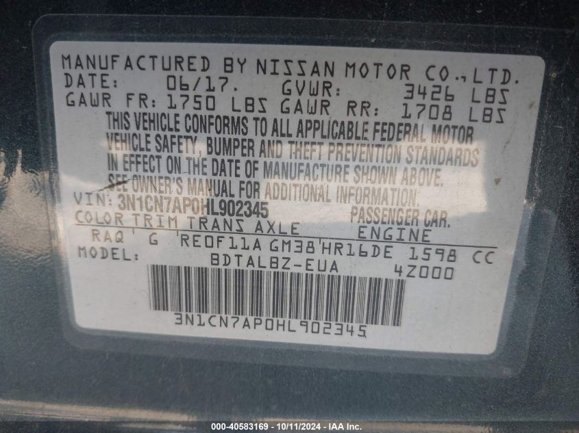 3N1CN7AP0HL902345 2017 Nissan Versa S/S Plus/Sv/Sl