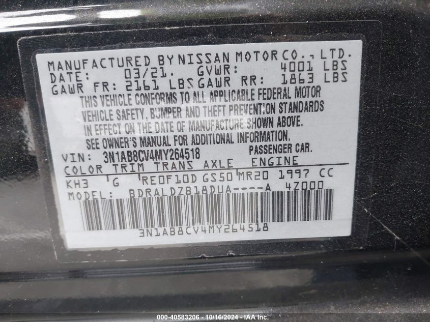 2021 Nissan Sentra Sv Xtronic Cvt VIN: 3N1AB8CV4MY264518 Lot: 40583206