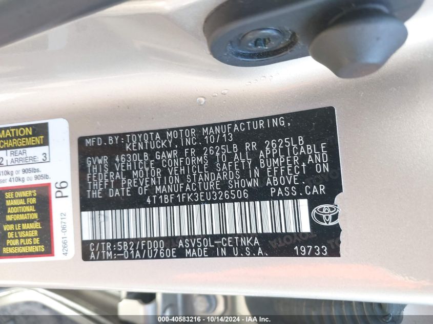 VIN 4T1BF1FK3EU326506 2014 Toyota Camry, LE no.9