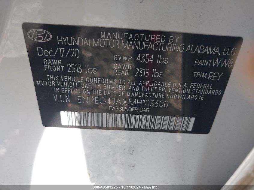 2021 Hyundai Sonata Se VIN: 5NPEG4JAXMH103600 Lot: 40583225