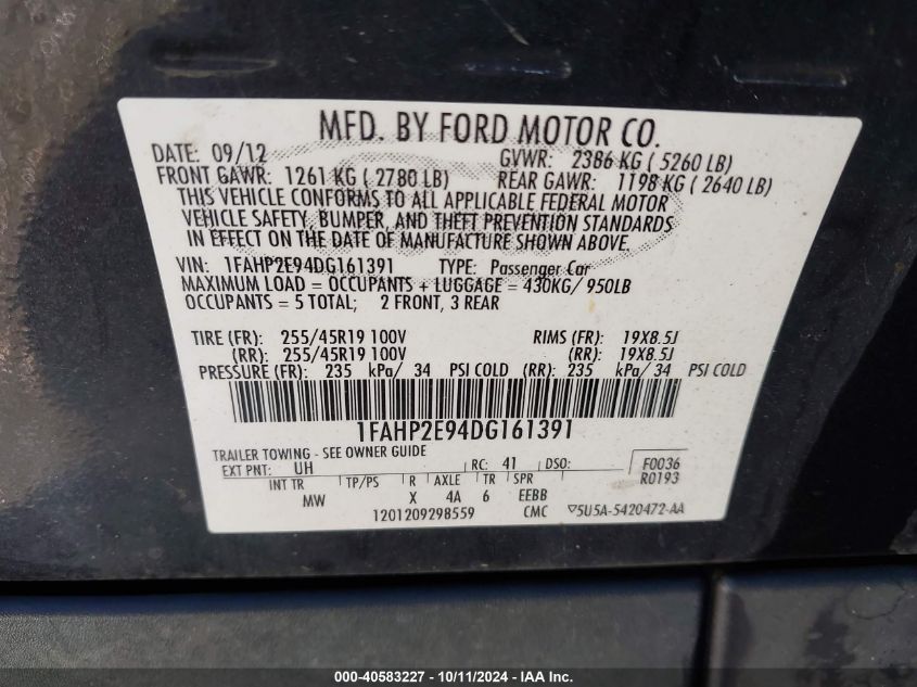 1FAHP2E94DG161391 2013 Ford Taurus Sel