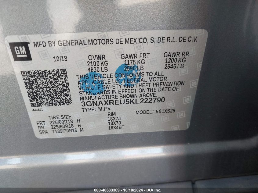 3GNAXREU5KL222790 2019 Chevrolet Equinox Premier