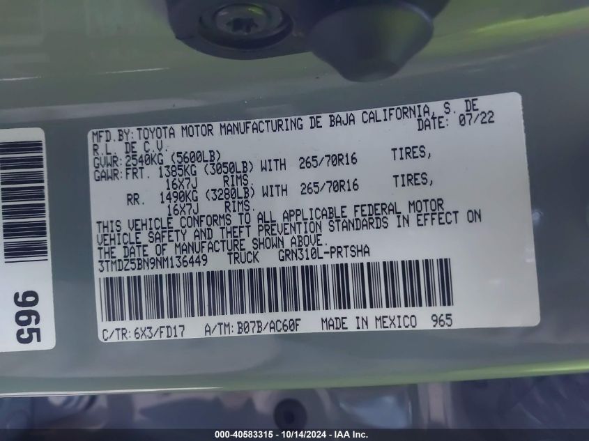 2022 Toyota Tacoma Double Cab/Sr5/Trd Sport/ VIN: 3TMDZ5BN9NM136449 Lot: 40583315