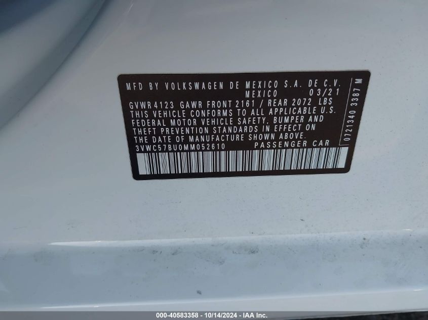 2021 Volkswagen Jetta S/Se/R-Line VIN: 3VWC57BU0MM052610 Lot: 40583358