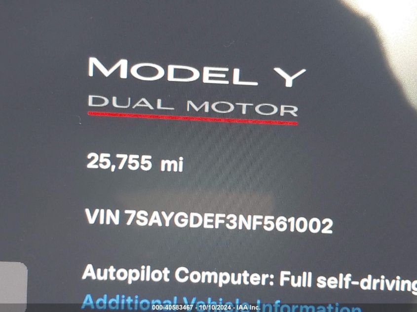 2022 Tesla Model Y Performance Dual Motor All-Wheel Drive VIN: 7SAYGDEF3NF561002 Lot: 40583467