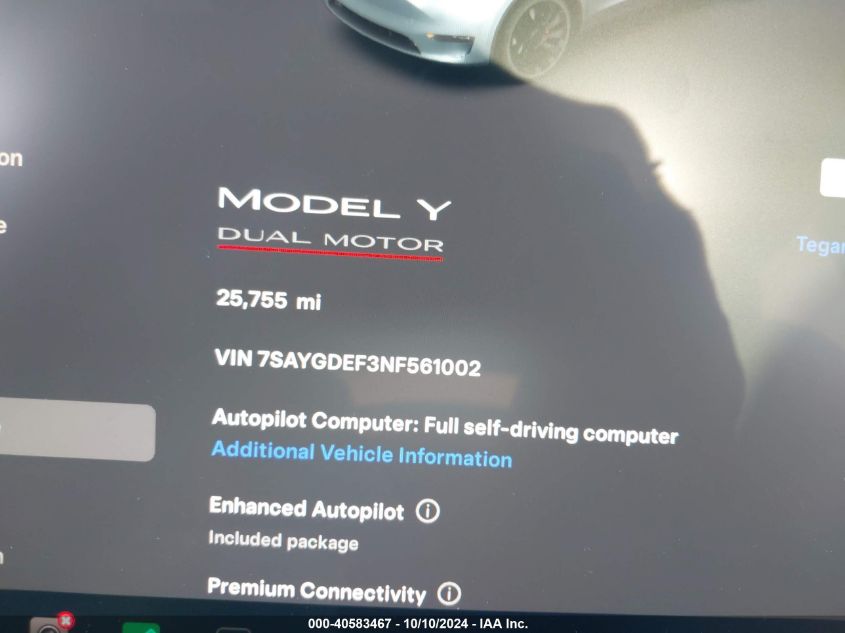 2022 Tesla Model Y Performance Dual Motor All-Wheel Drive VIN: 7SAYGDEF3NF561002 Lot: 40583467