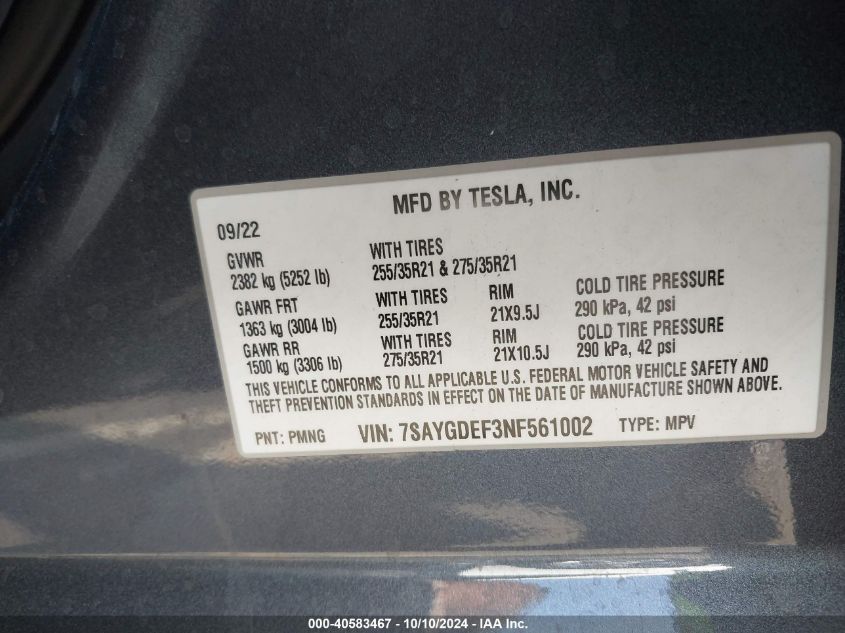 2022 Tesla Model Y Performance Dual Motor All-Wheel Drive VIN: 7SAYGDEF3NF561002 Lot: 40583467