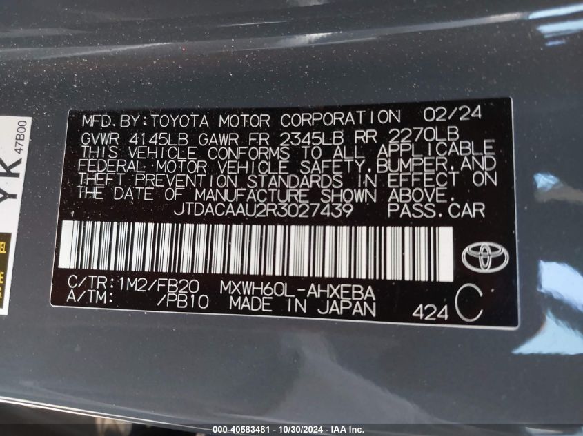 2024 Toyota Prius Le VIN: JTDACAAU2R3027439 Lot: 40583481