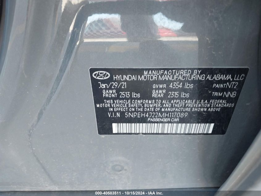 2021 Hyundai Sonata Limited VIN: 5NPEH4J22MH117089 Lot: 40583511