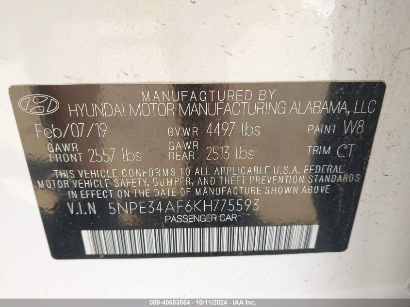 5NPE34AF6KH775593 2019 Hyundai Sonata Sel