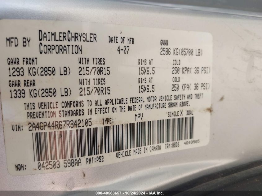 2007 Chrysler Town & Country Lx VIN: 2A4GP44R67R342105 Lot: 40583657