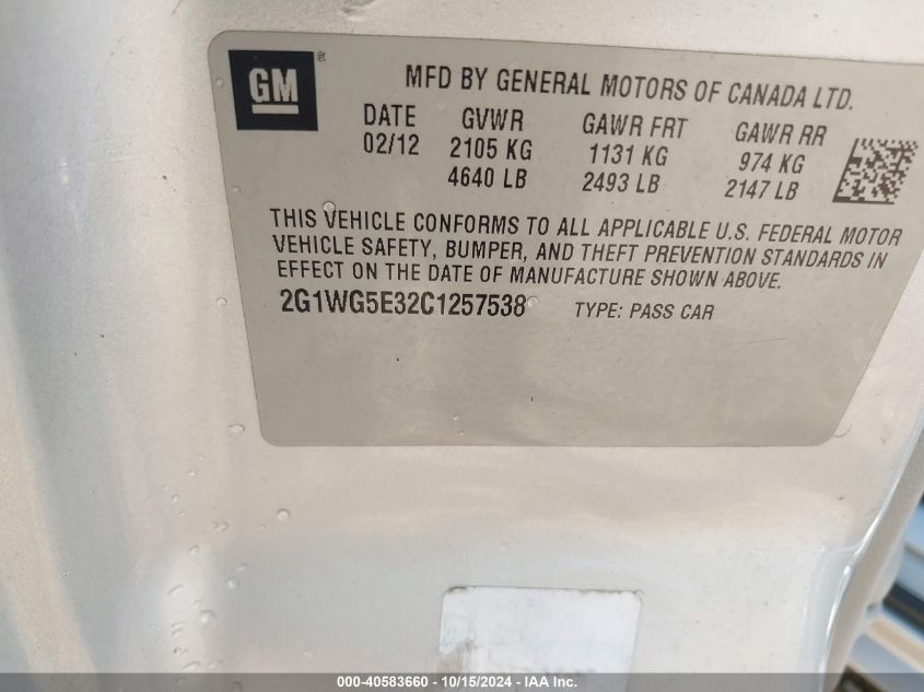 2012 Chevrolet Impala Lt VIN: 2G1WG5E32C1257538 Lot: 40583660
