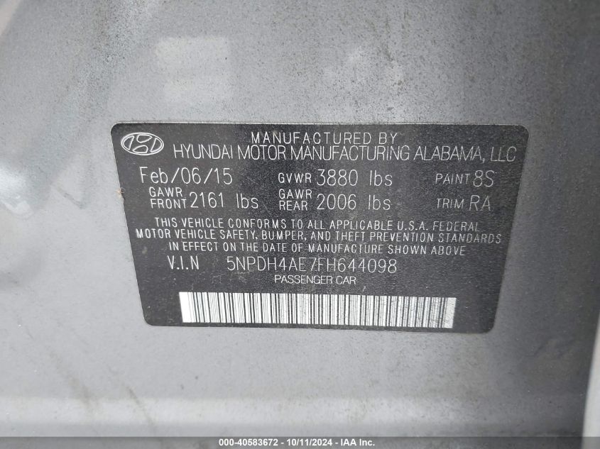 5NPDH4AE7FH644098 2015 Hyundai Elantra Limited