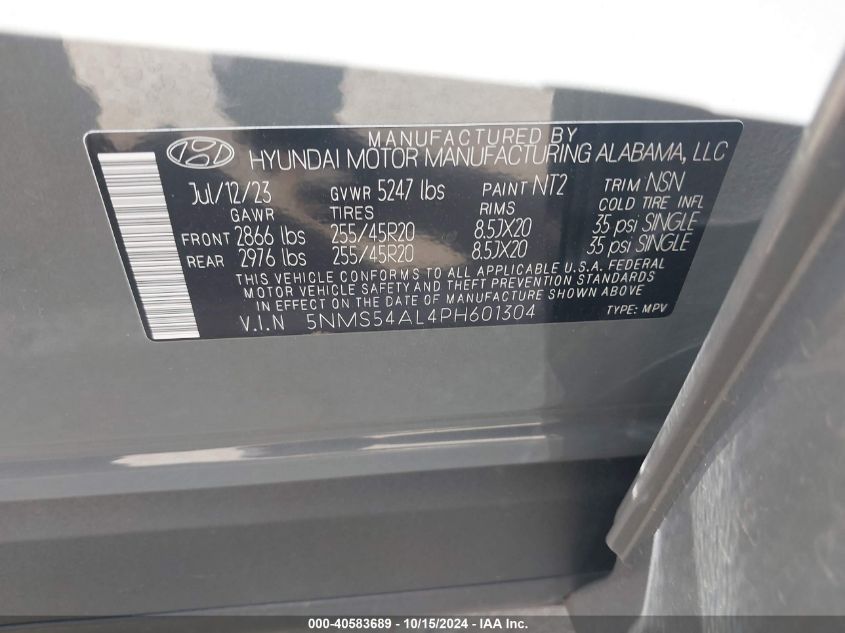 2023 Hyundai Santa Fe Calligraphy VIN: 5NMS54AL4PH601304 Lot: 40583689