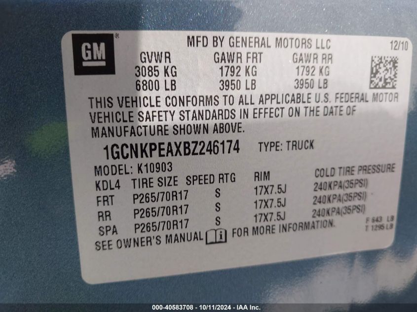 1GCNKPEAXBZ246174 2011 Chevrolet Silverado 1500 Work Truck