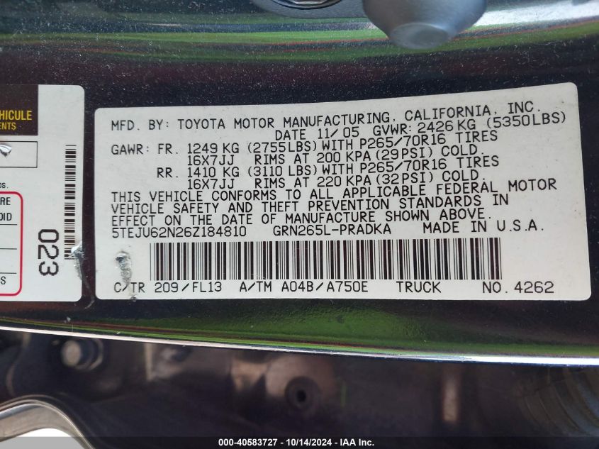 2006 Toyota Tacoma VIN: 5TEJU62N26ZZ18481 Lot: 40583727