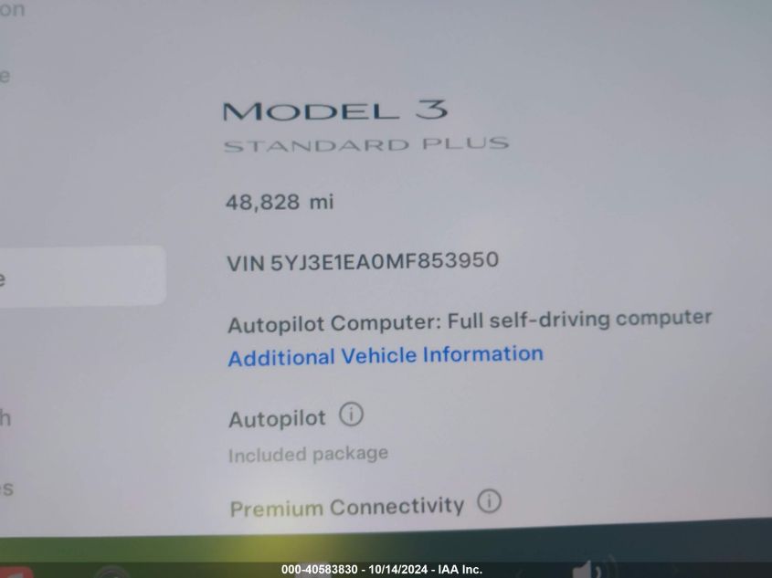 2021 Tesla Model 3 Standard Range Plus Rear-Wheel Drive VIN: 5YJ3E1EA0MF853950 Lot: 40583830