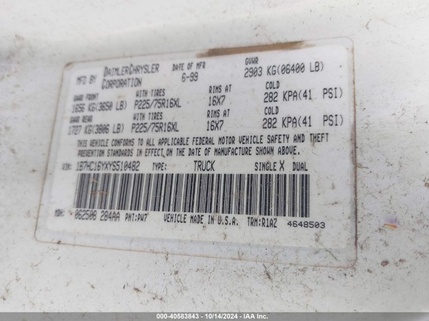 2000 Dodge Ram 1500 St VIN: 1B7HC16YXYS510482 Lot: 40583843